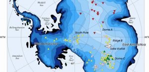 Map of Antarctica showing the South Pole, labeled seas, ice shelves, and sites marked with colored triangles and diamonds in West and East Antarctica—including Lake Vostok, Dome A, Dome C, Ridge B—and key Antarctic Logistics and Expeditions routes.