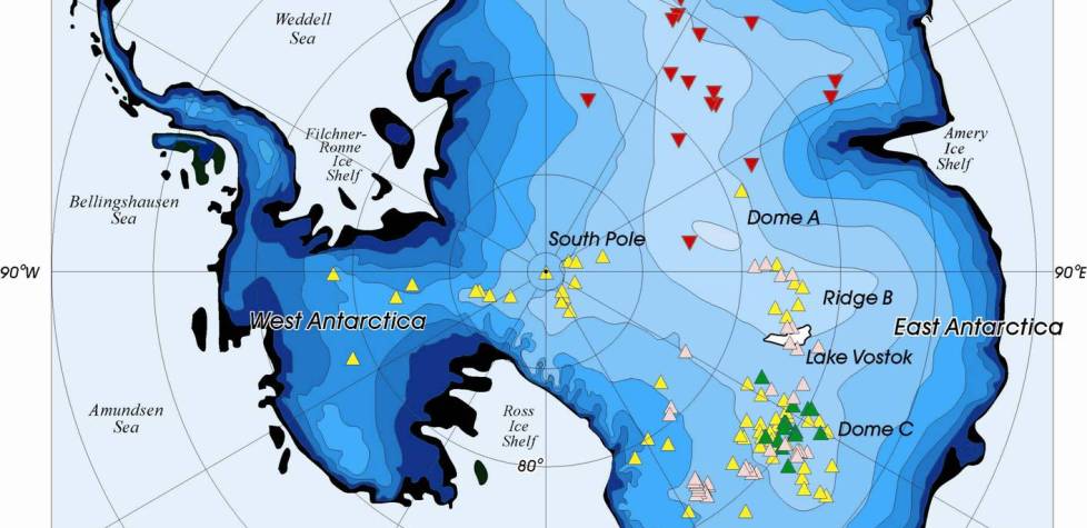 Map of Antarctica showing the South Pole, labeled seas, ice shelves, and sites marked with colored triangles and diamonds in West and East Antarctica—including Lake Vostok, Dome A, Dome C, Ridge B—and key Antarctic Logistics and Expeditions routes.