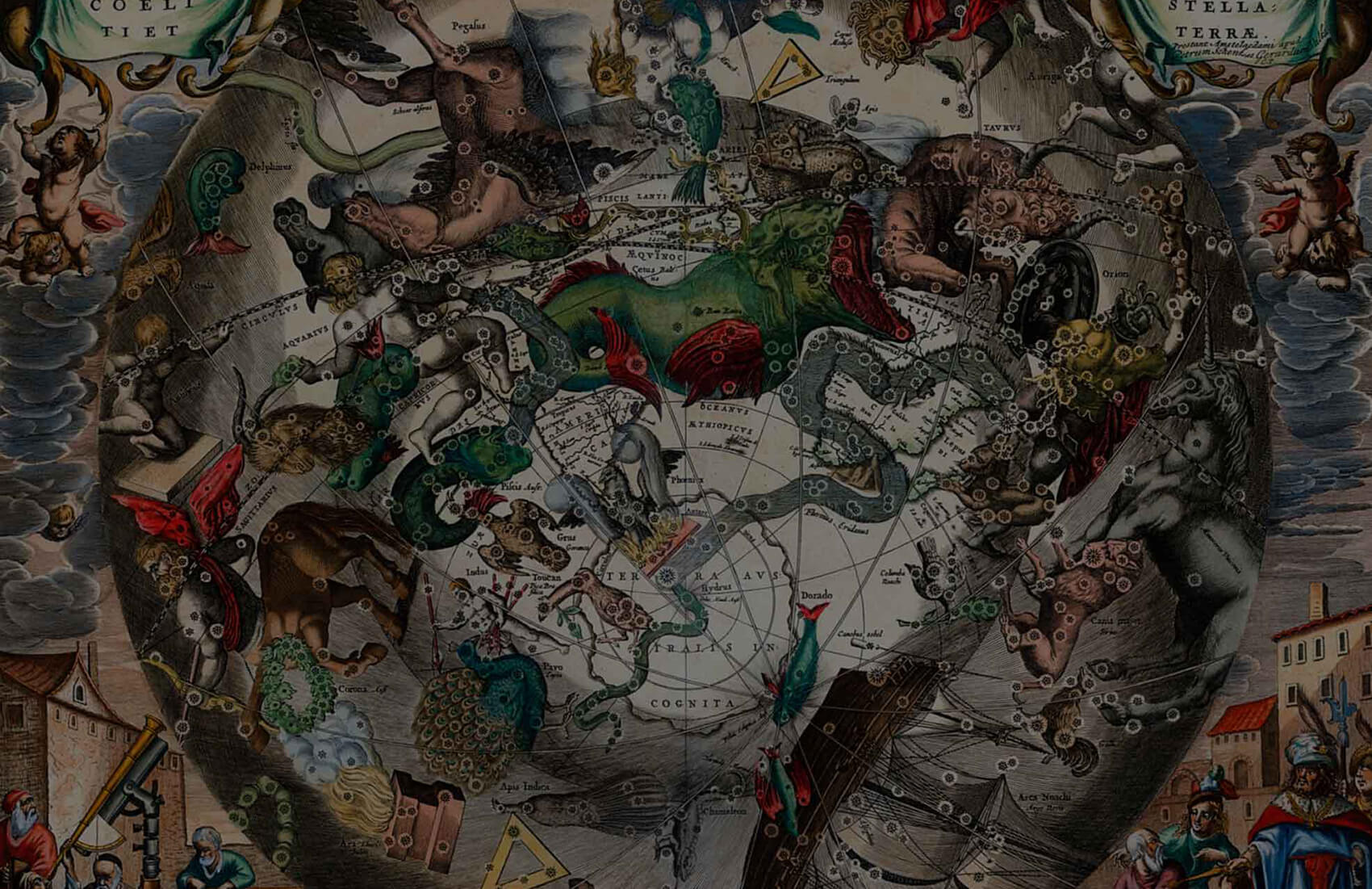 A vintage celestial map filled with colorful illustrations of zodiac signs, mythological creatures, and constellations, featuring ornate borders and figures—and even referencing the South Pole for an artistic take on the night sky.