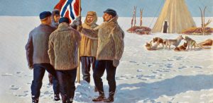 Six explorers in heavy coats stand on snowy ground near a tent in Antarctica. One holds a British flag while sled dogs rest nearby, capturing the spirit of early Antarctic expeditions and their challenging logistics.