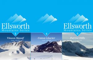 Blue and white graphic featuring three covers of the Ellsworth Mountains Series maps: Vinson Massif (left), Union Glacier (center), and Patriot Hills (right), each with Antarctica’s stunning, snow-covered mountain scenery.