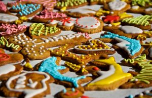 Colorful, decorated gingerbread cookies in shapes like trees, stars, and animals are spread out on a surface—just the treat to enjoy after an Antarctic Logistics and Expeditions adventure near the South Pole, with bright icing in yellow, pink, blue, green, and white.