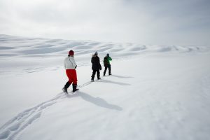 Three people dressed in winter clothing walk single file across a vast, snowy landscape near the South Pole, with gentle, rolling hills under a cloudy Antarctic sky.