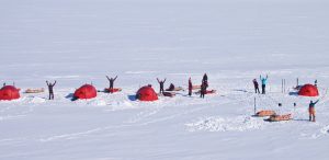 A group of people in Antarctica stand in a snowy landscape with red tents and sleds; some have their arms raised in celebration or greeting. The area, supported by Antarctic Logistics and Expeditions, is surrounded by untouched snow under a clear sky.