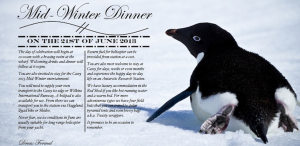A penguin lies on snowy ground beside text inviting people to a Mid-Winter Dinner on June 21, 2013, at Casey station in Antarctica, describing the celebration and Antarctic Logistics and Expeditions travel details.