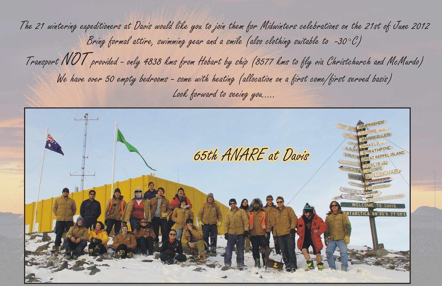 A group of people in winter clothing pose in front of a yellow building and signposts in snowy Antarctica. Above the photo, a handwritten invitation and event details for a South Pole midwinter celebration with Antarctic Logistics and Expeditions appear.