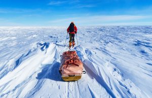 A person dressed in winter gear pulls a sled loaded with supplies across a vast, snowy landscape under a clear blue sky, evoking the spirit of Antarctic Logistics and Expeditions in the heart of Antarctica.