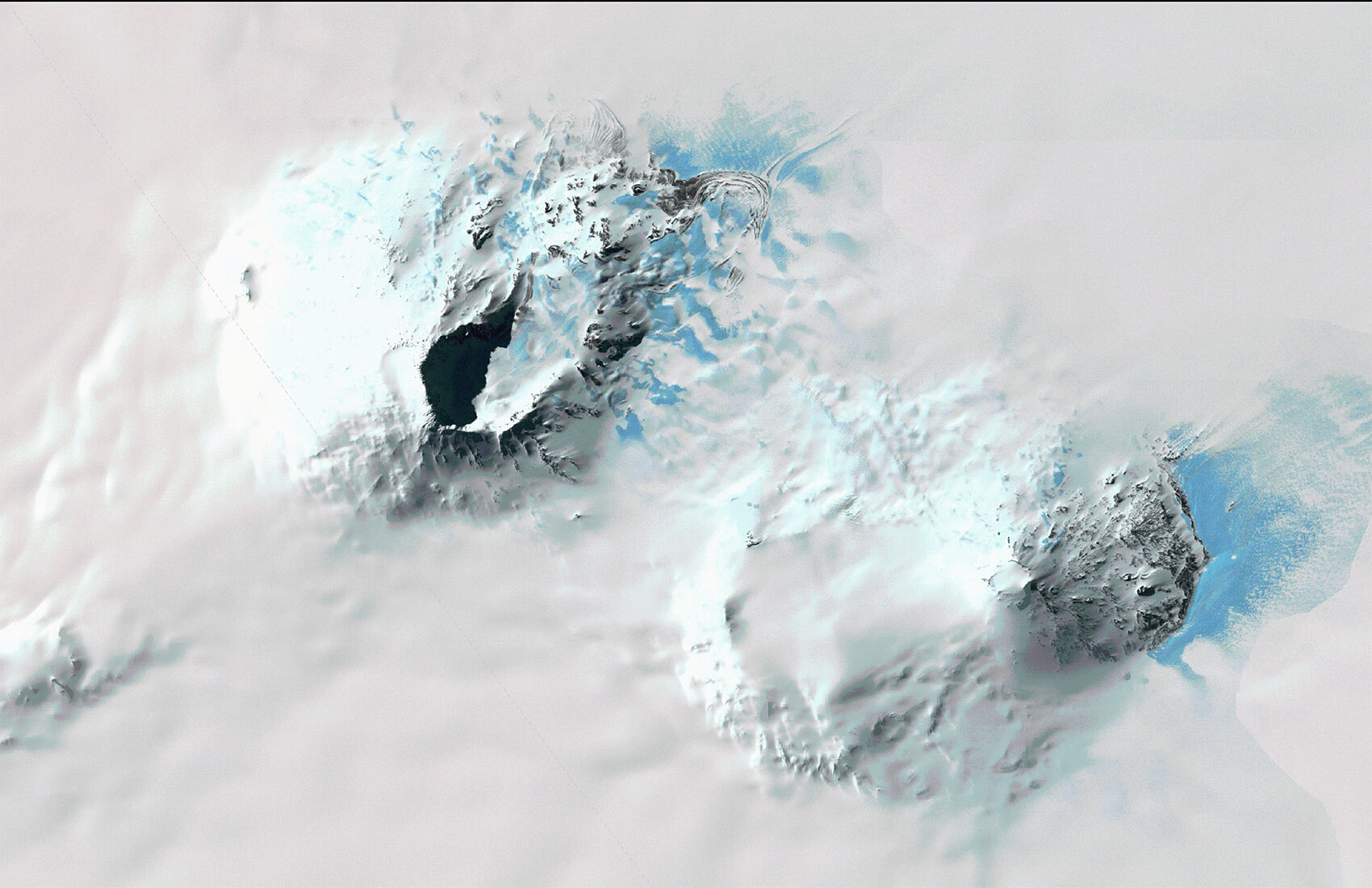 A satellite view of two snow-covered volcanic peaks in Antarctica, with icy blue patches and rugged terrain visible around the craters—an awe-inspiring landscape explored by Antarctic Logistics and Expeditions.