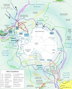 Map of Antarctica displaying colored routes of explorers’ expeditions from 1772 to 1939, with arrows and labels marking explorers’ names, years, and paths—tracing the rich history of Antarctic Logistics and Expeditions across the icy continent.
