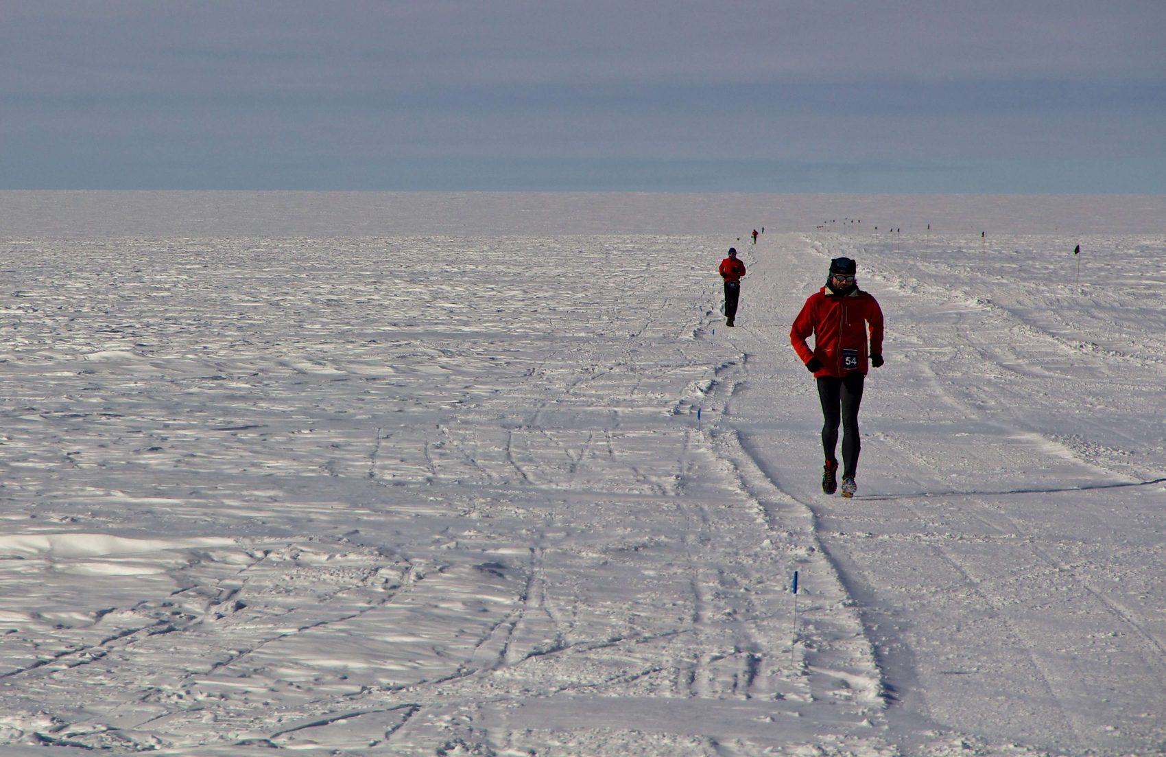 Runners in red jackets participate in a marathon across a vast, flat snow-covered landscape under a cloudy sky in Antarctica, with several competitors spaced out along the trail, supported by Antarctic Logistics and Expeditions.