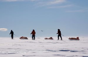 Four people pull sleds across the snowy, windswept landscape of Antarctica under a clear sky, with a small Antarctic Logistics and Expeditions airplane flying above the horizon.