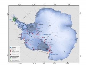 Map of Antarctica showing research stations, marked with colored symbols for various countries’ bases. Features include coastal outlines, major seas, latitude and longitude lines, plus key locations served by Antarctic Logistics and Expeditions.
