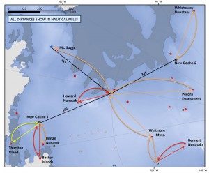 A map displays routes and distances in nautical miles across Antarctica, highlighting locations near Nunatak, Mt. Sugg, Whitcomb Peninsula, Pecora Escarpment, and several Antarctic Logistics and Expeditions caches marked with red dots. Arrows indicate travel paths.