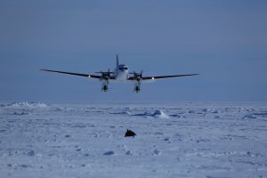 A twin-propeller airplane is approaching to land on a snow-covered, icy landscape with scattered ice mounds under a cloudy sky, capturing the essence of Antarctic Logistics and Expeditions in Antarctica.