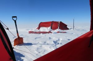 A red tent sits on a snowy landscape in Antarctica under a clear blue sky, partly buried in snow. A shovel and a ski stand upright next to the tent. The photo is taken from inside another tent during an Antarctic Logistics and Expeditions trip.