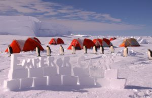 Several emperor penguins stand in the snow near orange tents at an Antarctic Logistics and Expeditions camp in Antarctica. In the foreground, snow blocks spell out Emperor Camp, with large ice formations visible beneath a partly cloudy sky.