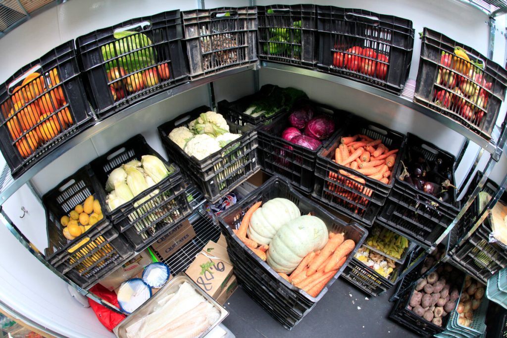 A variety of fresh vegetables, including carrots, cabbage, pumpkin, potatoes, and tomatoes, are organized in black crates on metal shelves in a South Pole storage room managed by Antarctic Logistics and Expeditions.
