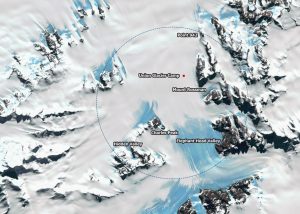 Satellite map of a snow-covered mountain area in Antarctica, labeled with Union Glacier Camp at the center and surrounding points: Point 942, Mount Rossman, Charles Peak, Hidden Valley, and Elephant Head Valley.