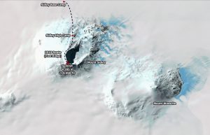 Satellite view of Mount Sidley and Mount Waesche in Antarctica, with camps, summit, and the 2010 East Ridge route highlighted by a dotted line across the snowy landscape—an area accessed by Antarctic Logistics and Expeditions.