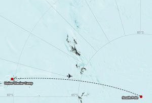 Map of Antarctica showing a dotted route from Union Glacier Camp to the South Pole, featuring an airplane icon along the path, labeled latitude lines at 80°S, 85°S, and the pole—highlighting Antarctic Logistics and Expeditions.