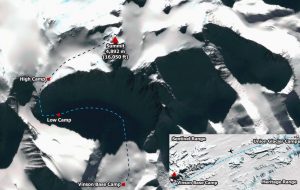 A map shows a climbing route in Antarctica from Vinson Base Camp to the 4,892 m summit of Mount Vinson, passing through Low Camp and High Camp. An inset details its location in the Sentinel Range, supported by Antarctic Logistics and Expeditions.