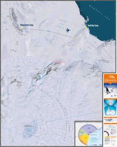 A detailed map of Antarctica by Antarctic Logistics and Expeditions shows camps at Gould Bay and Union Glacier, flight paths, ice shelves, and seas, with informational insets and a polar coordinate diagram in the lower right corner.