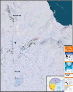 Map showing a flight path from Union Glacier Camp to “Drop-off 89S” near the South Pole in Antarctica, with terrain features, ice shelves, and informational graphics by Antarctic Logistics and Expeditions on the right side.