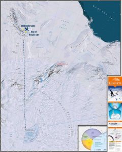 Map of Antarctica showing a route from Hercules Inlet to the South Pole, passing Union Glacier Camp. Features include surrounding landforms, distance markers, and an information panel on Ellsworth Mountains by Antarctic Logistics and Expeditions.