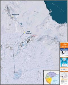Map showing a route across Antarctica from the Messner Start drop-off point to Union Glacier Camp, passing near the Ellsworth Mountains and ending at the Weddell Sea. Insets feature details from Antarctic Logistics and Expeditions.