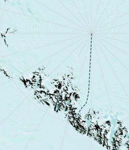 A map of Antarctica showing a dashed line route from the coast through the Transantarctic Mountains toward the South Pole, with light blue and white colors representing ice and snow, highlighting Antarctic Logistics and Expeditions.
