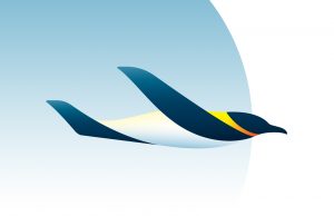 Stylized illustration of a penguin with outstretched wings, designed to resemble an airplane, set against a soft blue and white gradient background, inspired by the spirit of Antarctic Logistics and Expeditions.