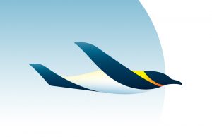 Stylized illustration of a flying penguin with wings extended, blending shades of blue, yellow, and white, soaring above an Antarctica-inspired gradient blue and white background.