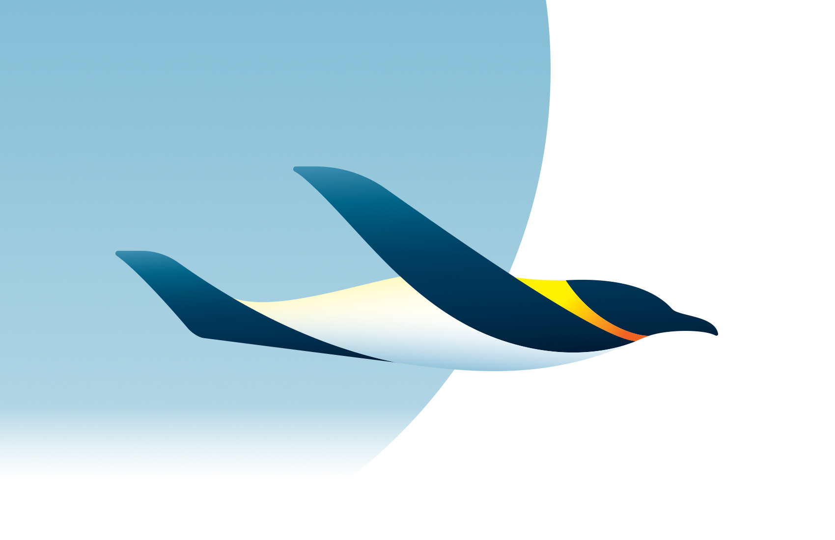Stylized illustration of a penguin in flight against a gradient blue and white background, evoking the spirit of Antarctica. The penguin’s body forms a smooth, curved shape with dark blue, yellow, and orange accents—perfect for South Pole inspiration.