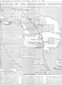 A vintage map from 1916 shows the routes of the Shackleton Expedition across Antarctica, with labeled stops, ships’ paths, and notes describing parts of the journey to the South Pole, published in The Daily Telegraph.