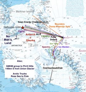 Map of Antarctica showing various expedition routes to the South Pole, each marked by different colored lines labeled with team names such as Ogita, Ghurka, Ice Maiden, and Spectre. Features logistics points from Antarctic Logistics and Expeditions.