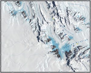 A detailed map of a glaciated mountainous region in Antarctica, labeled with features like Heritage Range, Soholt Peaks, Union Glacier, Schneider and Pioneer Heights, and marked camps such as Three Glacier Camp run by Antarctic Logistics and Expeditions.