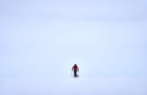 Richard Parks skis in poor visibility during his 2018 ski expedition.
