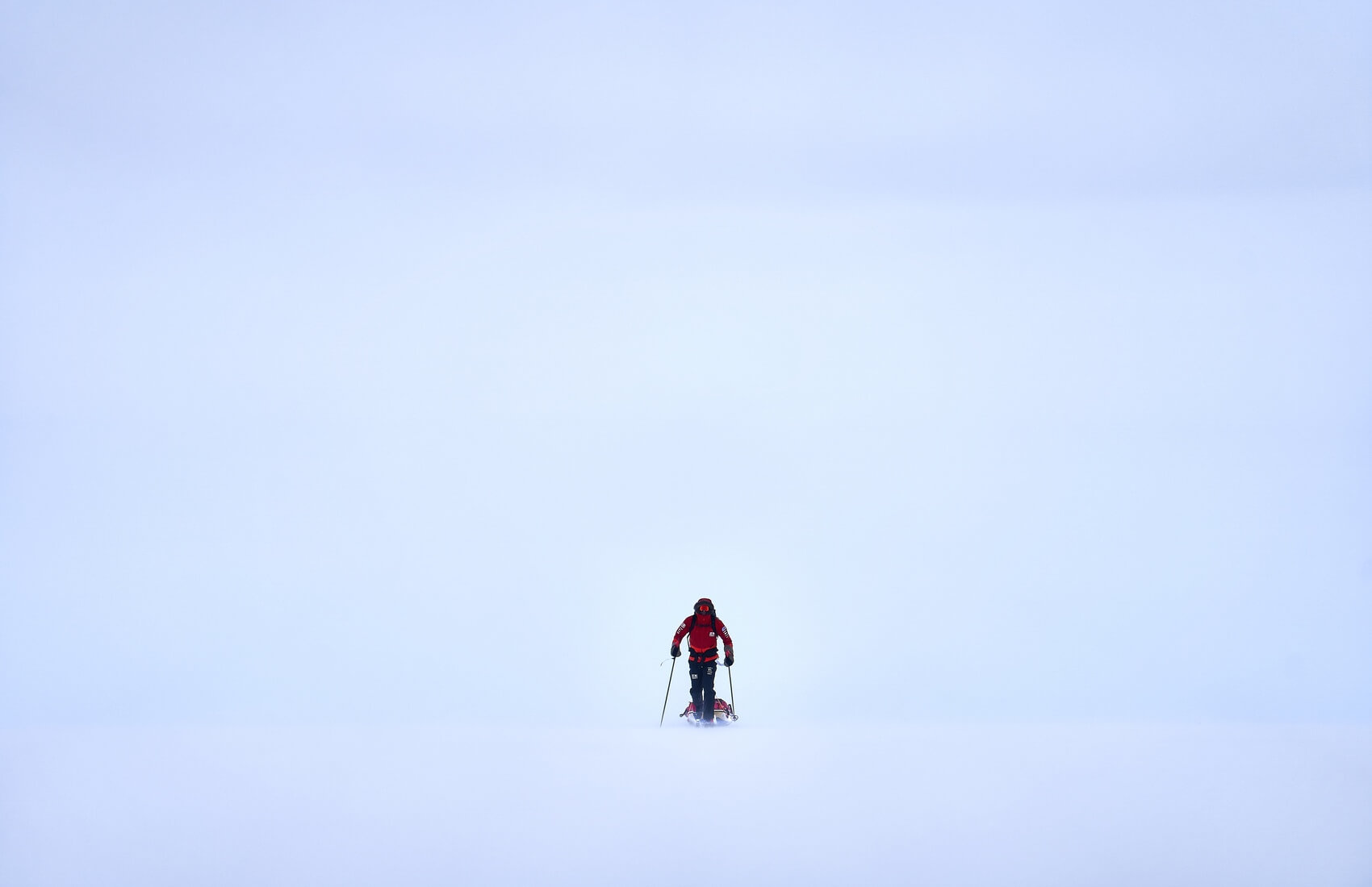 Richard Parks skis in poor visibility during his 2018 ski expedition.