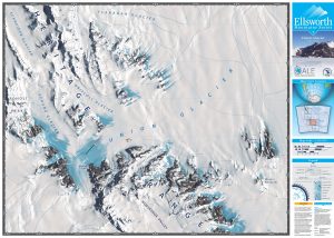 A detailed topographic map of Union Glacier in the Ellsworth Mountains, Antarctica, showing surrounding glaciers, mountain ranges, contours, and a legend on the right with information and Antarctic Logistics and Expeditions logos.