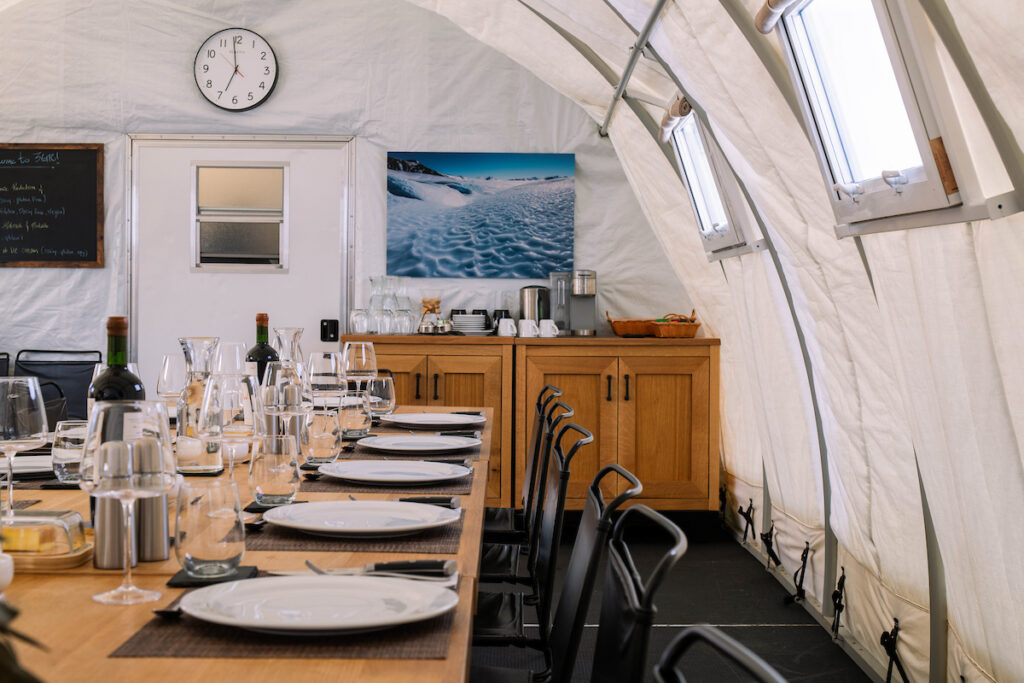 Interior of dining tent at Three Glaciers Retreat.