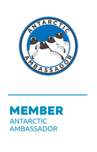 Logo featuring three penguins within a blue circle labeled Antarctic Ambassador, representing Antarctica. Below, text reads MEMBER ANTARCTIC AMBASSADOR in bold and standard fonts on a white background.
