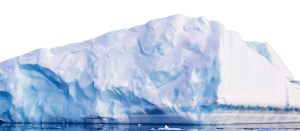 A large iceberg with shades of blue and white floats in calm water, showing jagged, icy surfaces and reflections on the water below, evoking the pristine landscapes of Antarctica against a white background.