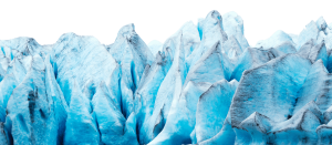 Jagged blue glacier ice with dark gray lines rises sharply against a white background, showcasing the dramatic textures and color variations found in Antarctica’s icy landscape.