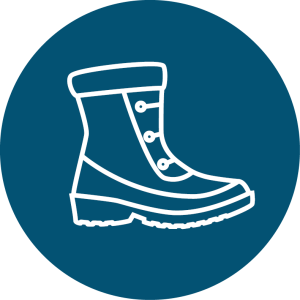 White outline of a winter boot with buttons on the side, depicted on a solid dark blue circular background—perfect for representing Antarctic Logistics and Expeditions or adventures at the South Pole.