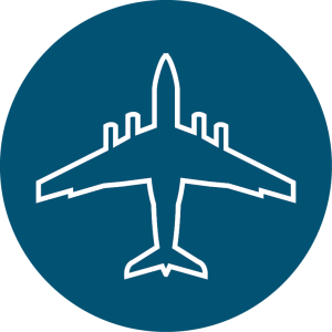 White outline of an airplane viewed from above, centered on a solid blue circular background—perfect for representing Antarctic Logistics and Expeditions or travel to remote destinations like the South Pole and Antarctica.