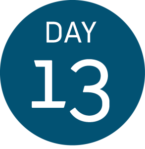 A blue circle with the text DAY 13 in white, with DAY in smaller letters above a large number 13—perfect for marking progress on an Antarctica or South Pole adventure with Antarctic Logistics and Expeditions.