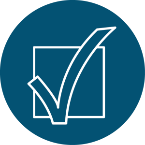 A white check mark inside and extending beyond a white-outlined square, set against a solid dark blue circular background—evoking the reliability of Antarctic Logistics and Expeditions in the heart of Antarctica.