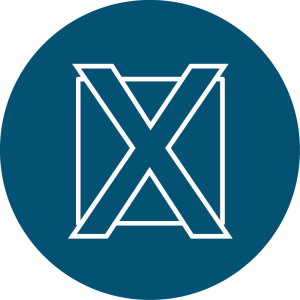 A bold white letter X overlaps a white outlined square, centered on a dark blue circular background, evoking the spirit of Antarctic Logistics and Expeditions and the adventure of the South Pole in Antarctica.