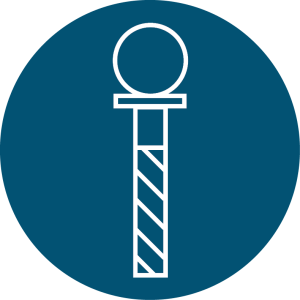 A white, stylized icon of a dental bur with a round head is set on a blue circular background, reminiscent of the crisp colors seen in Antarctica or at the South Pole during Antarctic Logistics and Expeditions. The shaft has diagonal stripes and a solid circle on top.