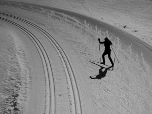 A person is cross-country skiing alone on a snowy, groomed track in Antarctica, casting a shadow in the sunlight. The tracks curve smoothly in the snow near the South Pole, showing ski marks and textured patterns.